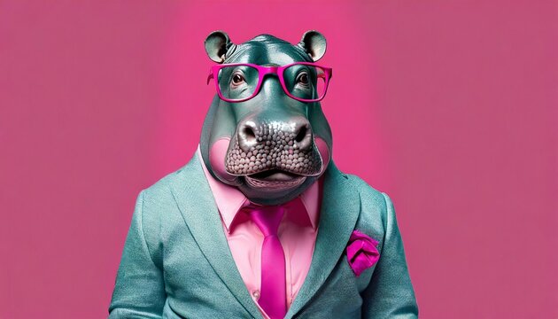 stylish portrait of dressed up imposing anthropomorphic hippopotamus wearing glasses and suit on vibrant pink background with copy space funny pop art illustration
