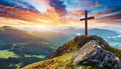 Zelfklevend Fotobehang christian cross on top of a mountain sunset landscape easter wallpapers generative ai © Alicia