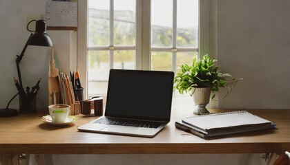 stylish workplace with laptop computer and office supplies