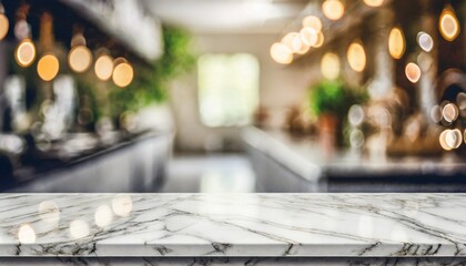 Fototapeta na wymiar empty white table top counter desk background over blur perspective bokeh light background white marble stone table shelf and blurred kitchen restaurant for food product display mockup template