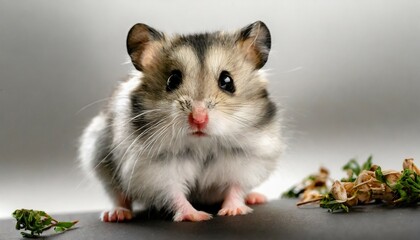 little cute small hamster sitting on white background closeup shot