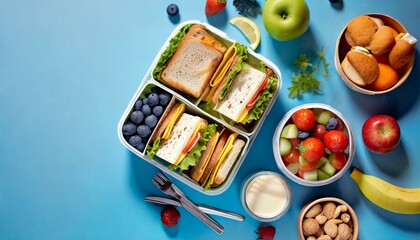 Obraz na płótnie Canvas an appealing and health conscious school lunch scene captured from above the lunchbox features delectable sandwiches and fresh snacks on a blue background offering copyspace for text or advertising