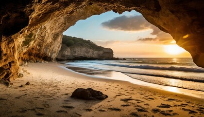 view from the cave a sandy beach along the ocean at sunset