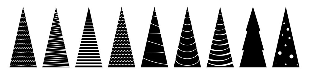 Fototapeta na wymiar Christmas tree icon set. Holiday xmas tree fir silhouette. Vintage new year tree collection. Vector illustration for christmas card or wrapping paper design