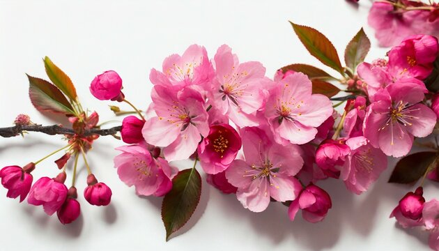 bright pink cherry tree flowers on white background close up