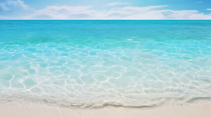 Fototapeta na wymiar Clear Turquoise Water Lapping at White Sandy Shore Background