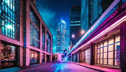 Schilderijen op glas cyberpunk neon city at night empty street with modern tall building © Alicia