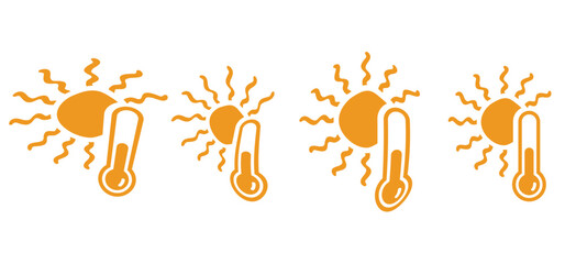 Cartoon, comic hot summer indicates icon. Weather thermometer. Vector high temperature attention sign. Sun weather thermometers icon. Sunbathe, UV factor. Sunny and rainy weather - obrazy, fototapety, plakaty