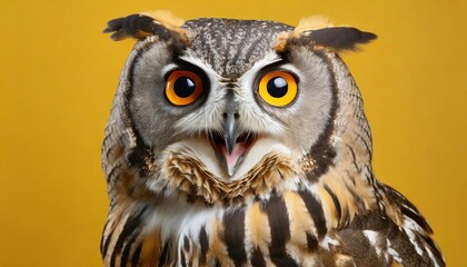 studio portrait of surprised owl on yellow background