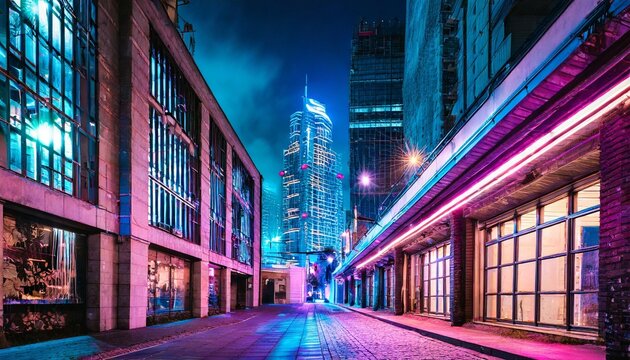 Fototapeta cyberpunk neon city at night empty street with modern tall building