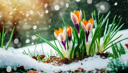 Foto op Canvas beautiful spring flowers emerge from under the snow a symbol of new beginnings and rebirth crocus flowers bring color and life to a winter landscape © Alicia
