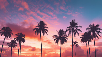 Fototapeta na wymiar Palm Trees Silhouetted Against Vibrant Evening Sky at the Beach Background
