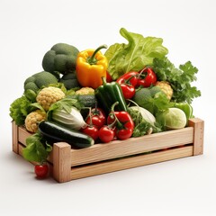Wooden crate with fresh vegetables  or white background