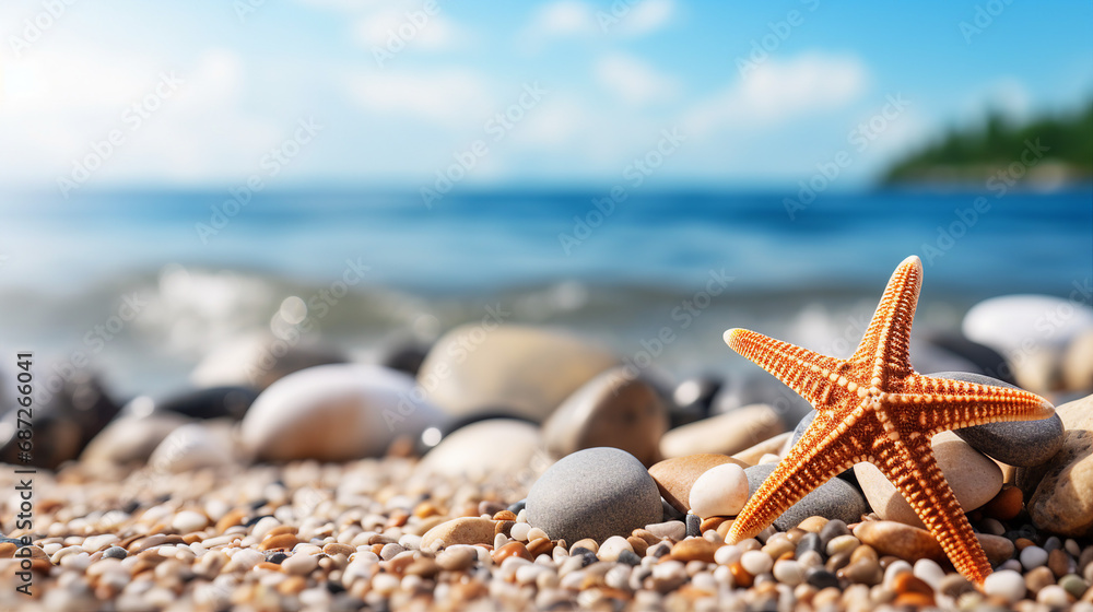 Poster starfish resting on smooth pebbles at the beach background