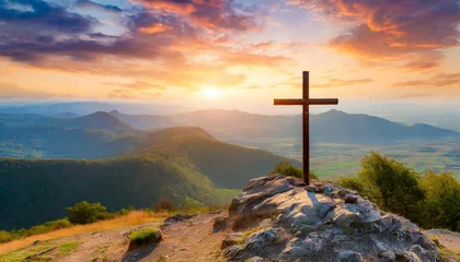 Foto op Canvas christian cross on top of a mountain sunset landscape easter wallpapers generative ai © Alicia