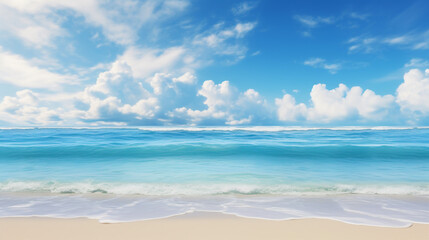 Fototapeta na wymiar Tranquil Beach with Calm Blue Ocean and Cloudy Sky Background