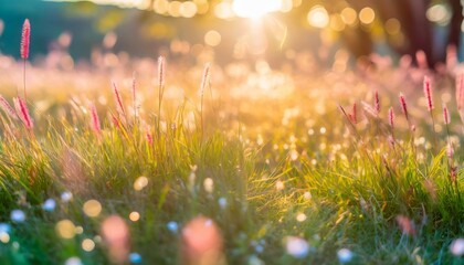 natural grass field background with blurred bokeh and sun