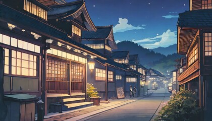 a beautiful japanese village city town in the night evening railway station with shop anime comics...