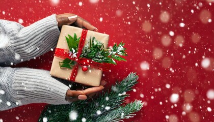 female s hands in pullover holding christmas gift box decorated with evergreen branch on red background with snow christmas and new year banner