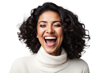 a high quality stock photograph of a happy young islam woman laughs and screams with joy isolated on white background