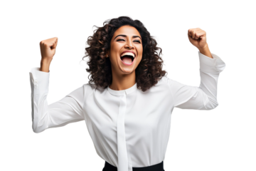 a high quality stock photograph of a happy young islam woman laughs and screams with joy isolated on white background