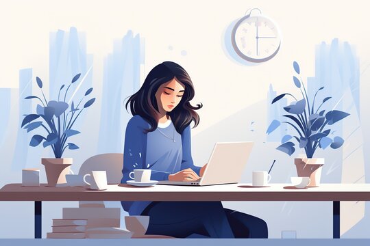 Blue Monday concept. Young female executive during telework time due to exhaustion.