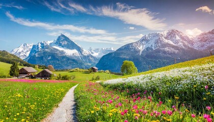 idyllic mountain landscape in the alps with blooming meadows in springtime