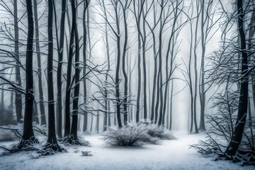 A cluster of  trees in the midst of a foggy forest, their branches covered in a delicate layer of frost.