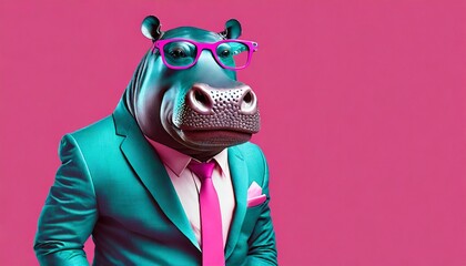 stylish portrait of dressed up imposing anthropomorphic hippopotamus wearing glasses and suit on vibrant pink background with copy space funny pop art illustration - obrazy, fototapety, plakaty