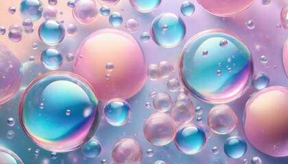 3d render abstract pastel pink blue background with iridescent magical air bubbles wallpaper with glass balls or water drops - obrazy, fototapety, plakaty