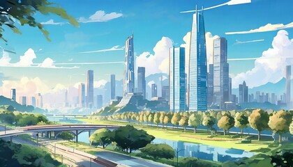 landscape of a futuristic city in anime style illustration generative ai