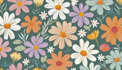 trendy floral seamless pattern vintage 70s style hippie flower background design colorful pastel...