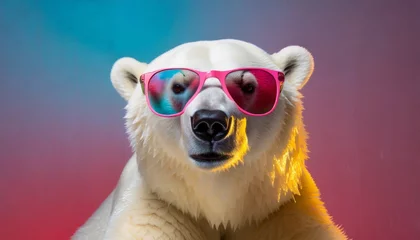 Fototapeten funny polar bear wearing sunglasses in studio with a colorful and bright background generative ai © Alicia