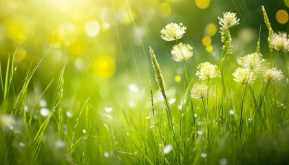 closeup of flowering grasses in an idyllic sunny green meadow on abstract blurred background with copy space grass pollen allergy season concept