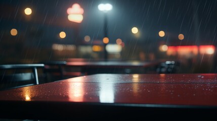an image where soft raindrops delicately grace an empty table, with the blurred lights of a Petrol station creating a dreamy aura, perfect for a poetic product display - obrazy, fototapety, plakaty