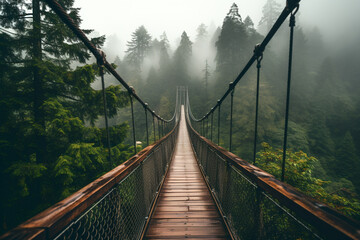 Fototapeta premium Suspension bridge in a dense green forest with pine trees