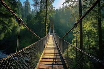 Suspension bridge in a dense green forest with pine trees