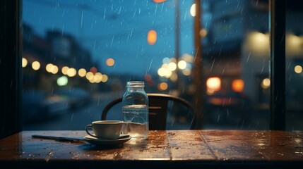 an image where soft raindrops delicately grace an empty table, with the blurred lights of a Petrol station creating a dreamy aura, perfect for a poetic product display