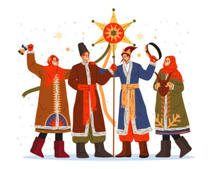 Slav people at Christmas eve or traditional slavic New Year celebration. Vector Man with star and woman sign eastern carol during koliada. Xmas congratulation card. Native ukrainian winter holiday