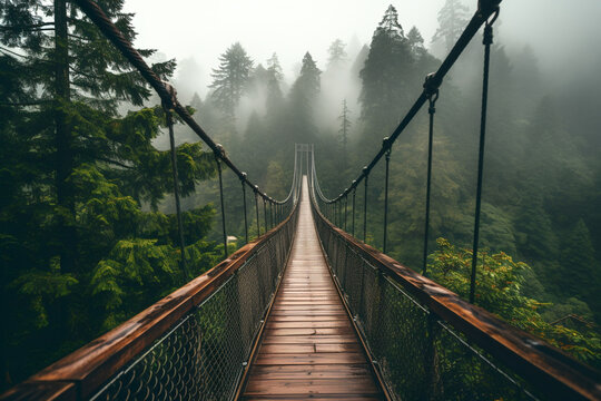 Fototapeta Suspension bridge in a dense green forest with pine trees
