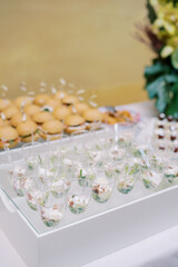 Fototapeta na wymiar Salads in glasses with spoons and mini-burgers stand on a festive buffet