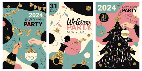 Set of vector banners for happy 2024 New Year party. Isolated flyer for winter holiday night celebration with carnival mask and champagne. Invitational sign for wintertime festive. Club invite clipart