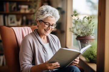 Fototapeta na wymiar Smiling senior woman reading book while sitting in armchair at home