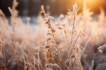 Magical Photo of a Winter Frosty Morning - Grass and Arstenia Covered with Sparkling Ice - Winter Wonderland Scene - Created with Generative AI Tools