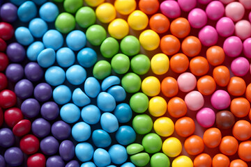 Obraz premium Vibrant Sweet Rainbow Made of Multi-Colored Round Candies - Colorful Candy Delight - Created with Generative AI Tools