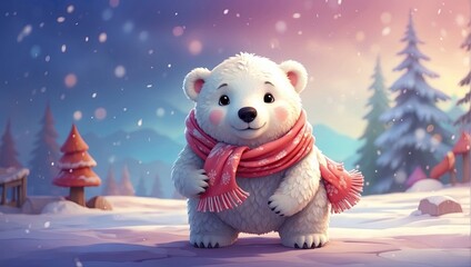 A cartoon portrait of a kind polar bear in a red scarf, a children's character on a Christmas background, is a festive greeting card for the new year. 