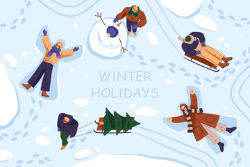 Winter holiday outdoor activities vector illustration. Wintertime activity clipart. Children or kids making snow angel and snowman, sledding and fir tree on sledge. Snowy park game and ice activity.