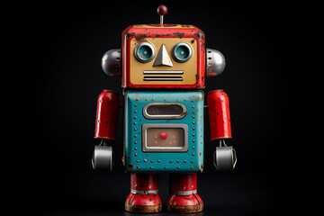 Fototapeta premium Vintage Tin Robot Toy Isolated on a Background - Retro Robot Collectible - Created with Generative AI Tools