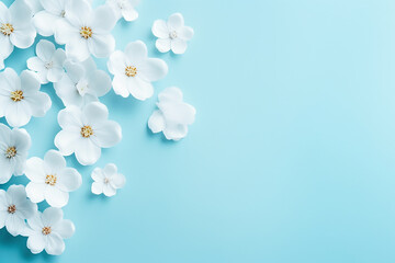 Fototapeta na wymiar White Flowers Composition on Pastel Blue Background - Elegant Floral Arrangement - Created with Generative AI Tools