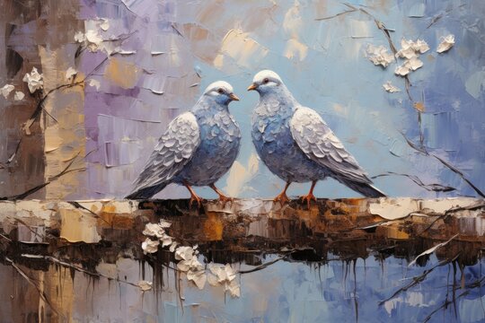 palette knife textured painting Love and pigeons Love Doves pair of pigeons